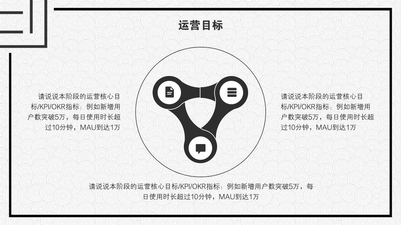 黑白圆圈底纹项目运营方案PPT模版-运营目标<br>
